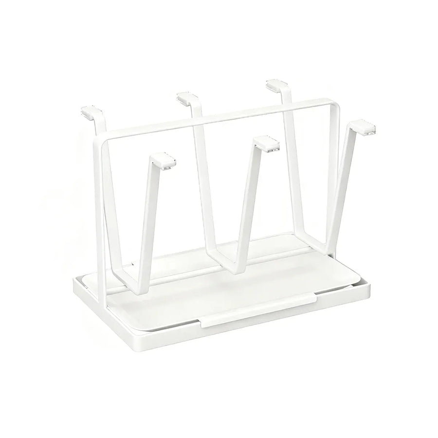 6 Hook Stainless Steel Cup Rack with Drip Tray for Mugs and Glasses - White