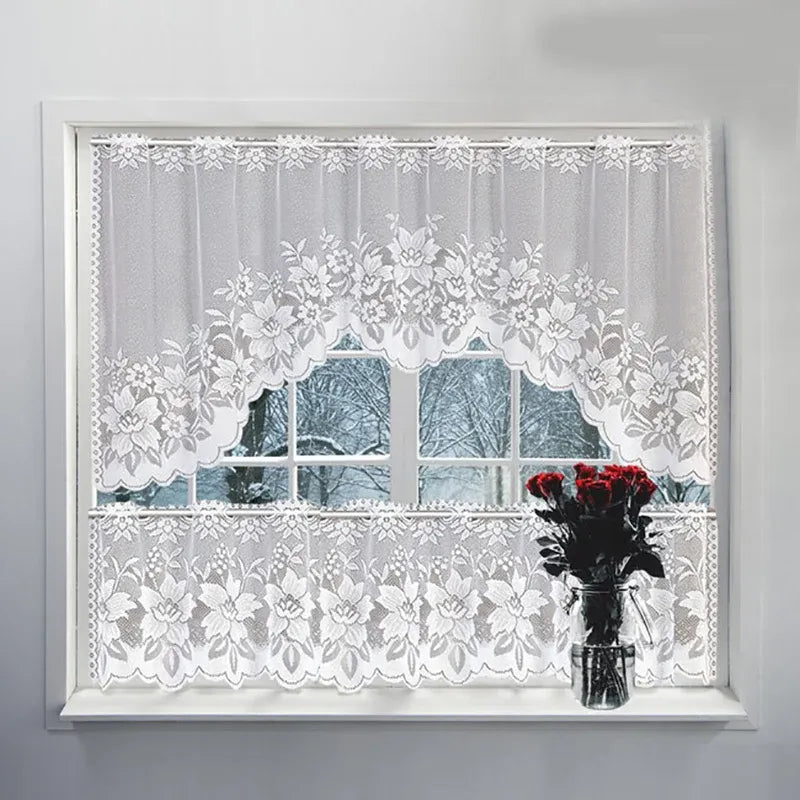 White Lace Window Curtain Short Tier Panel for Kitchen Bathroom