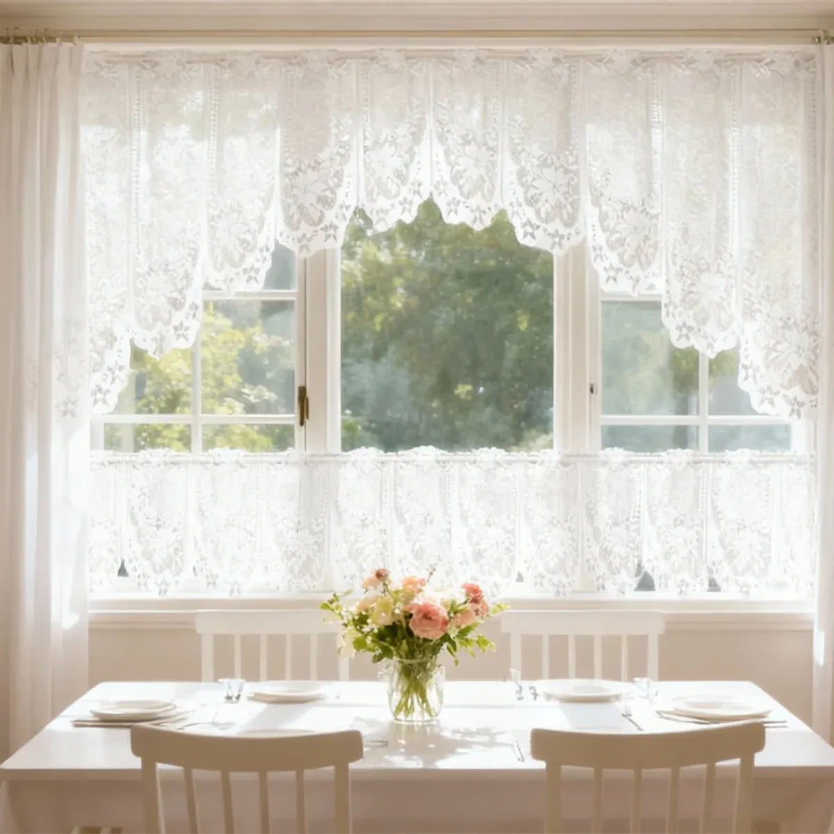 White Lace Window Curtain Short Tier Panel for Kitchen Bathroom