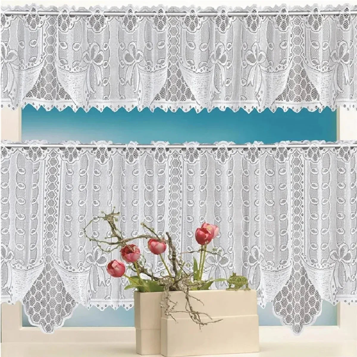 White Lace Window Curtain Short Tier Panel for Kitchen Bathroom