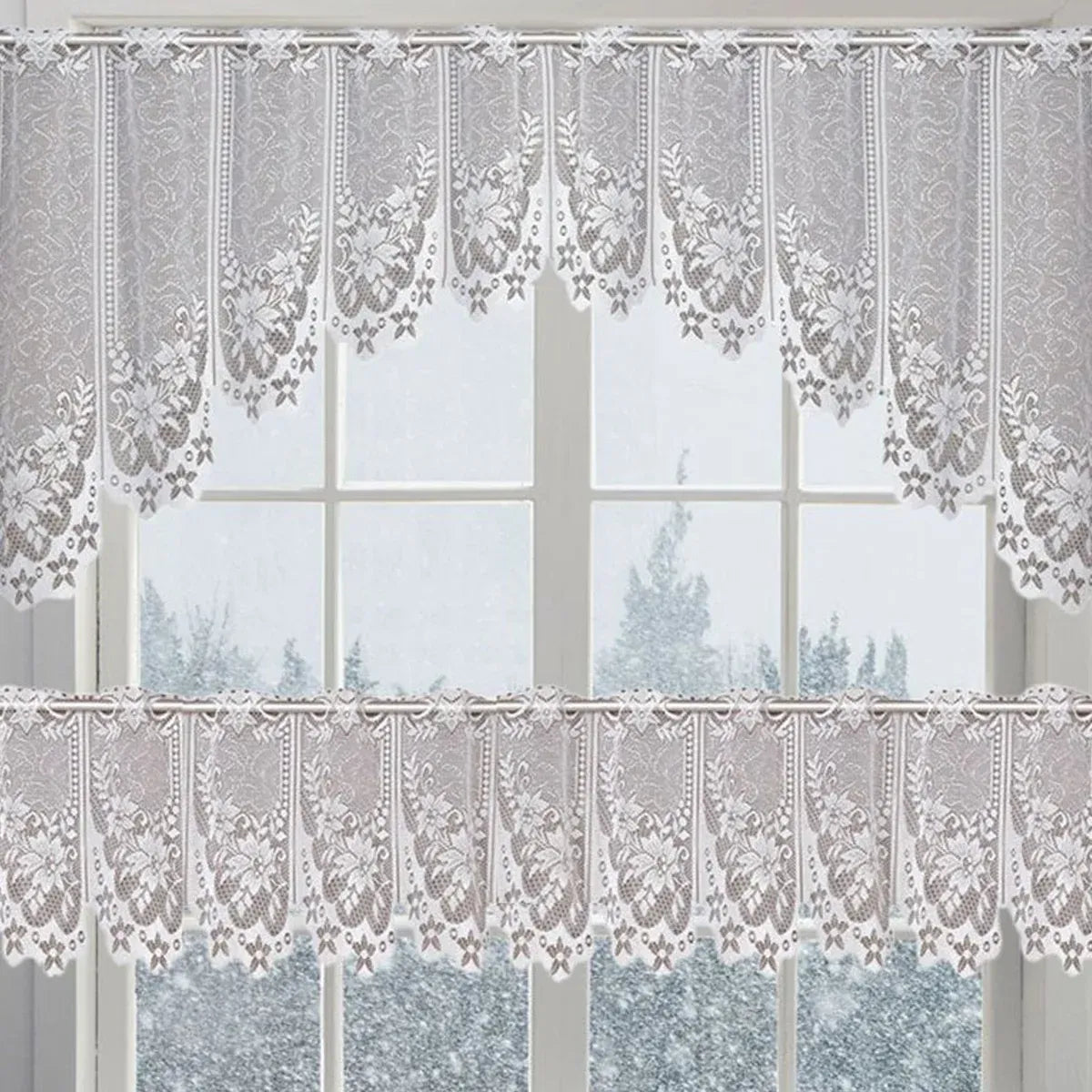 White Lace Window Curtain Short Tier Panel for Kitchen Bathroom