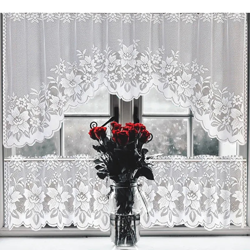 White Lace Window Curtain Short Tier Panel for Kitchen Bathroom