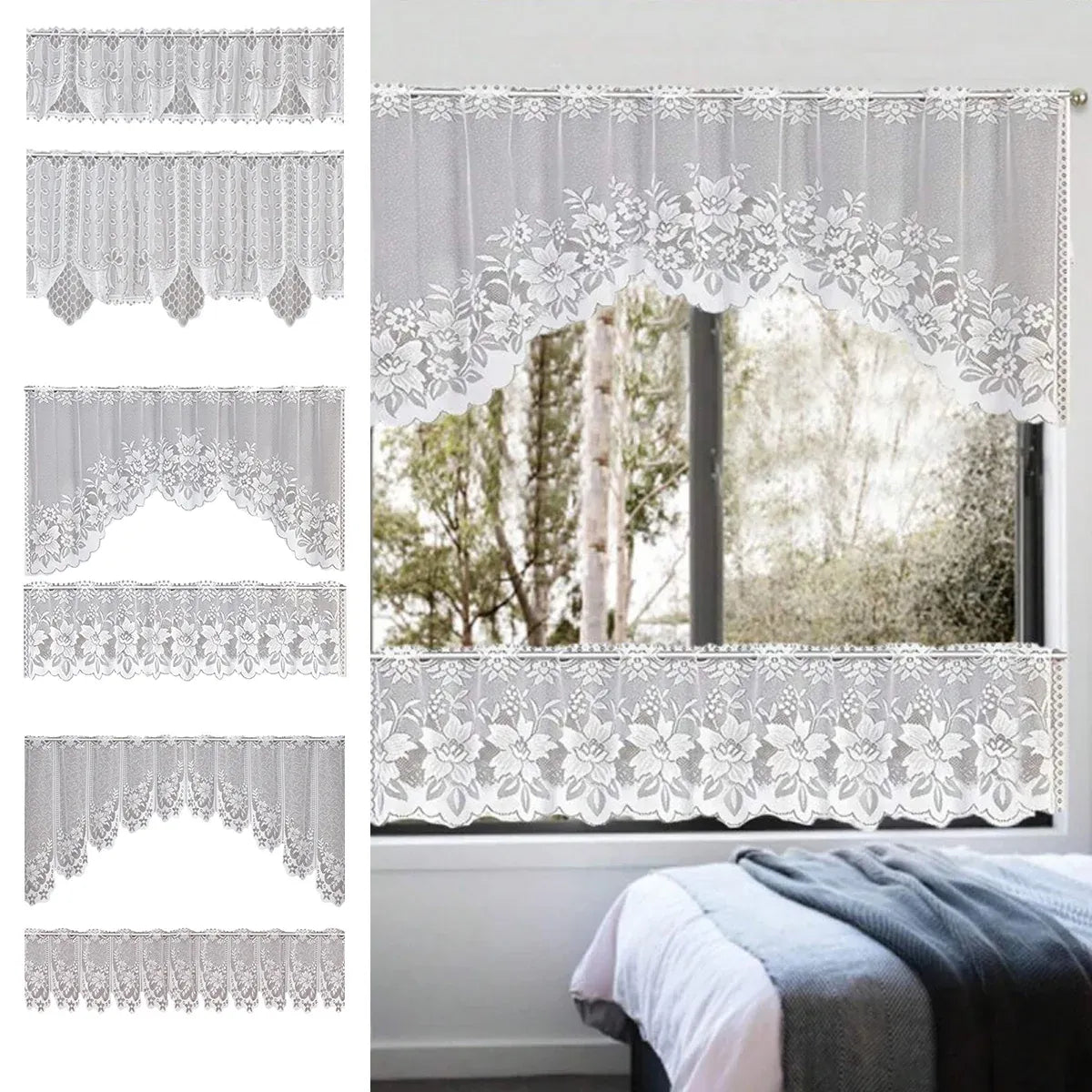 White Lace Window Curtain Short Tier Panel for Kitchen Bathroom
