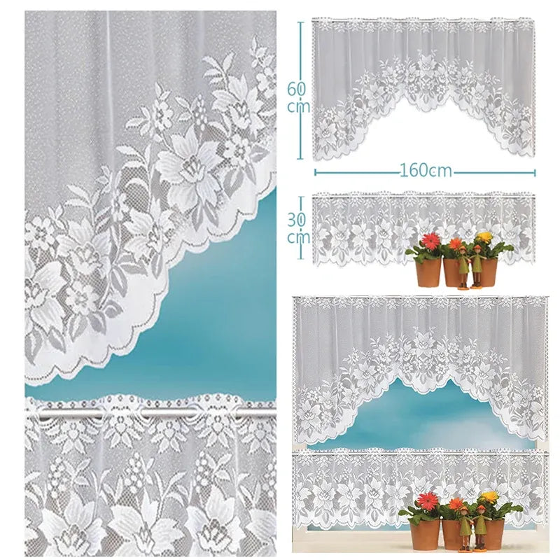 White Lace Window Curtain Short Tier Panel for Kitchen Bathroom