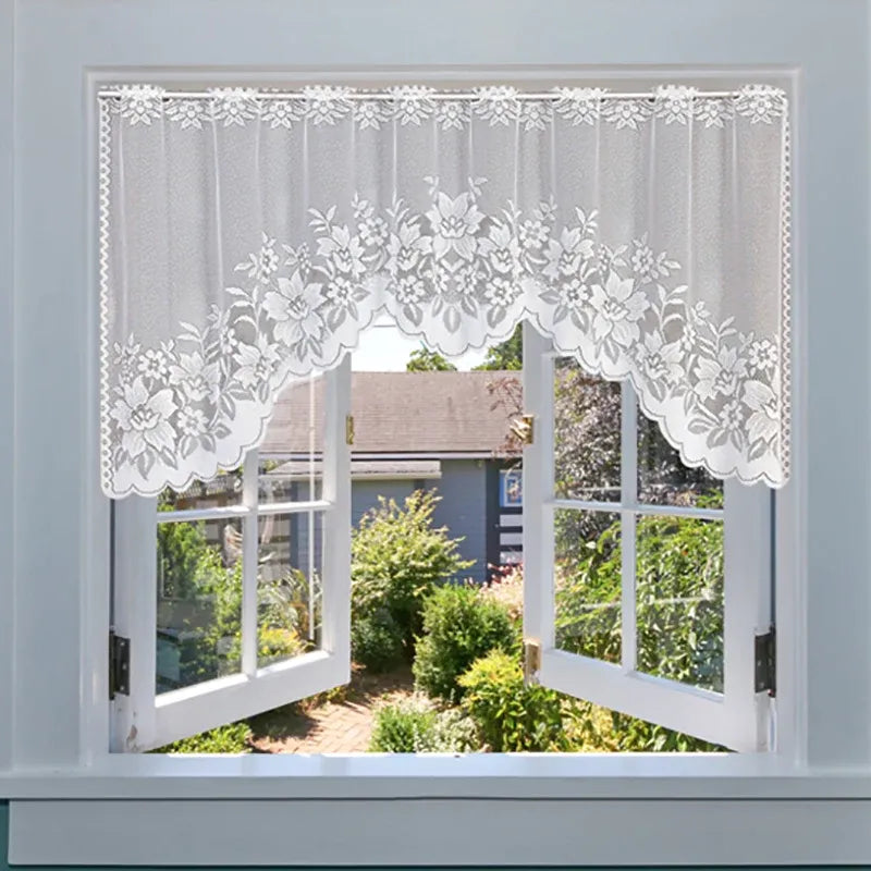 White Lace Window Curtain Short Tier Panel for Kitchen Bathroom