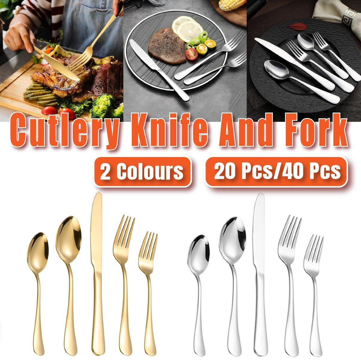 20/40pcs Stainless Steel Cutlery Set Knife Fork Spoon Western Hotel Tableware - Golden-40pcs
