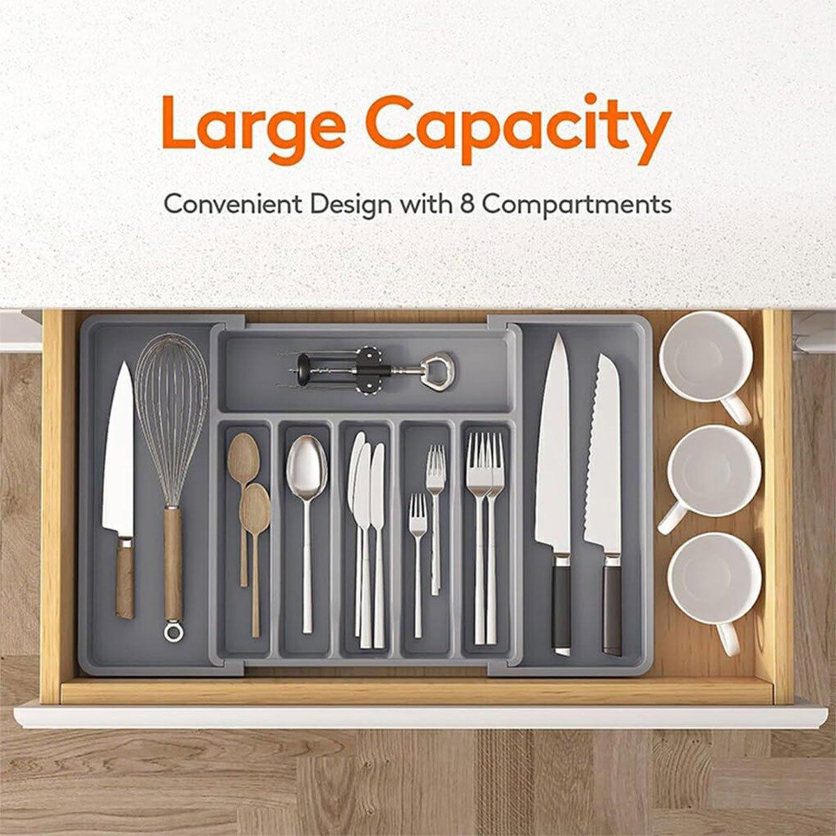 Extendable Cutlery Storage Box Household Portable Retractable Tray Organizer - Black