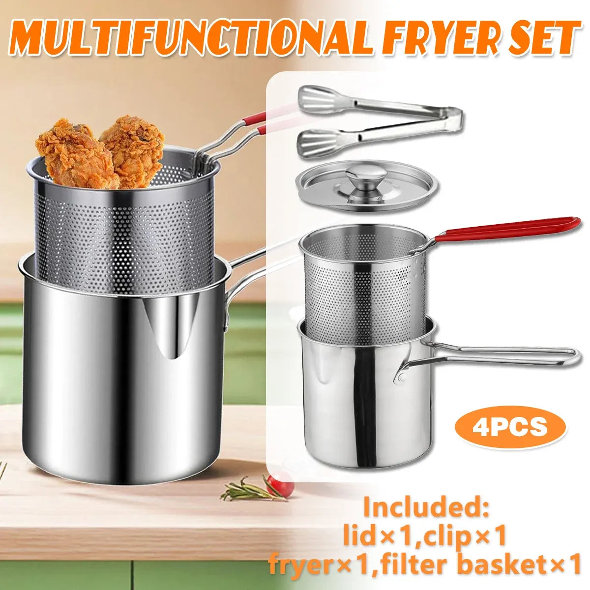4PCS Stainless Steel Fryer Set Basket Lid Clip Induction Stove Cooking Pot