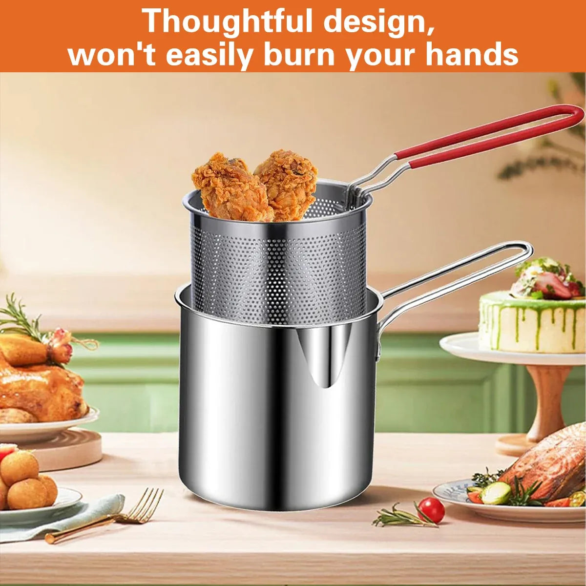 4PCS Stainless Steel Fryer Set Basket Lid Clip Induction Stove Cooking Pot