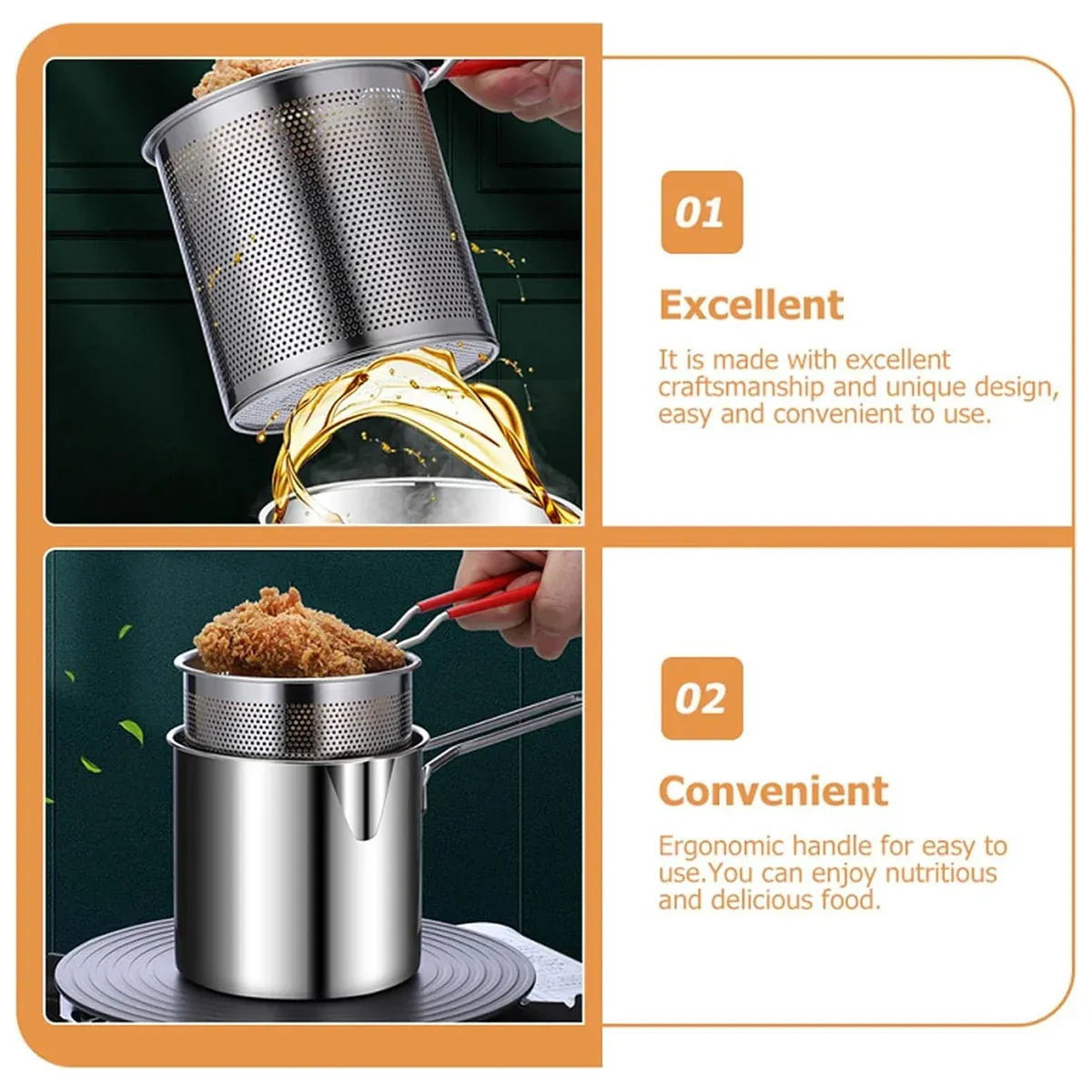 4PCS Stainless Steel Fryer Set Basket Lid Clip Induction Stove Cooking Pot