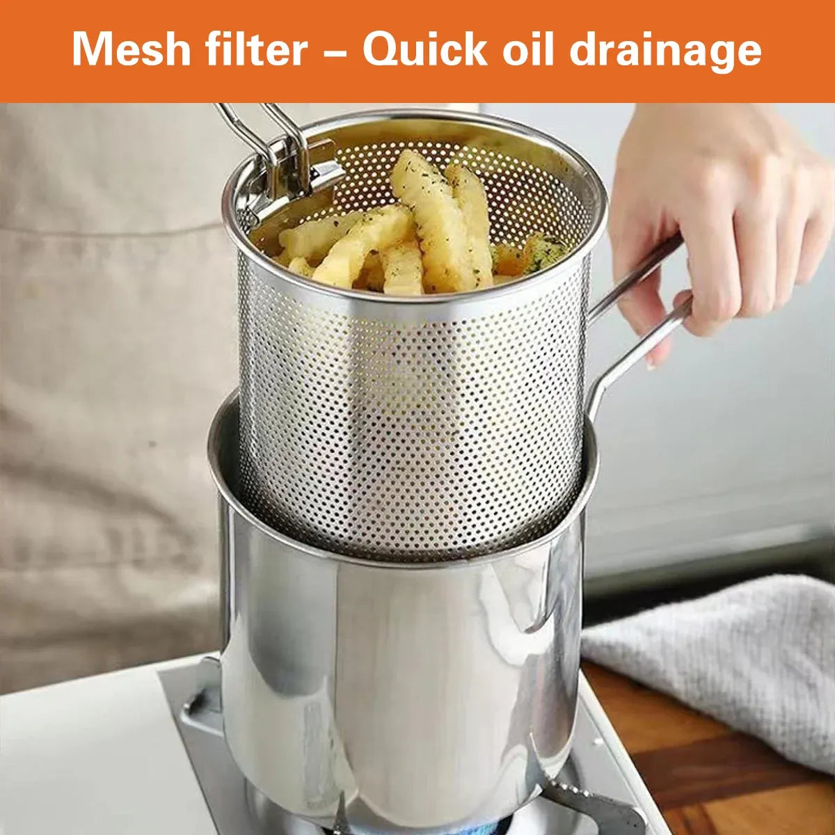4PCS Stainless Steel Fryer Set Basket Lid Clip Induction Stove Cooking Pot