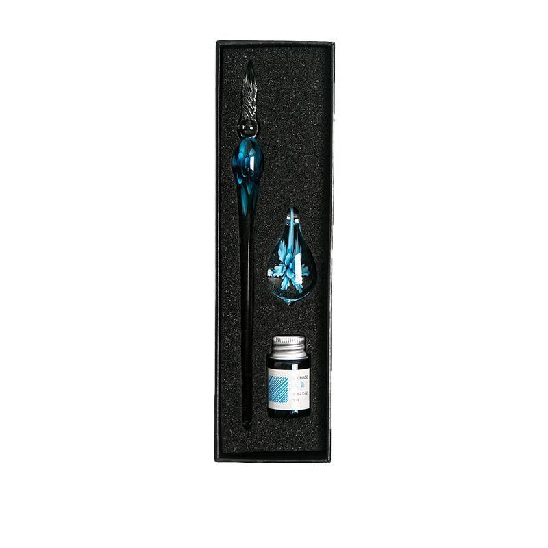 Crystal Flower Glass Dipping Dip Pen Writing Set Gift Pack Fountain Calligraphy - Sky Blue