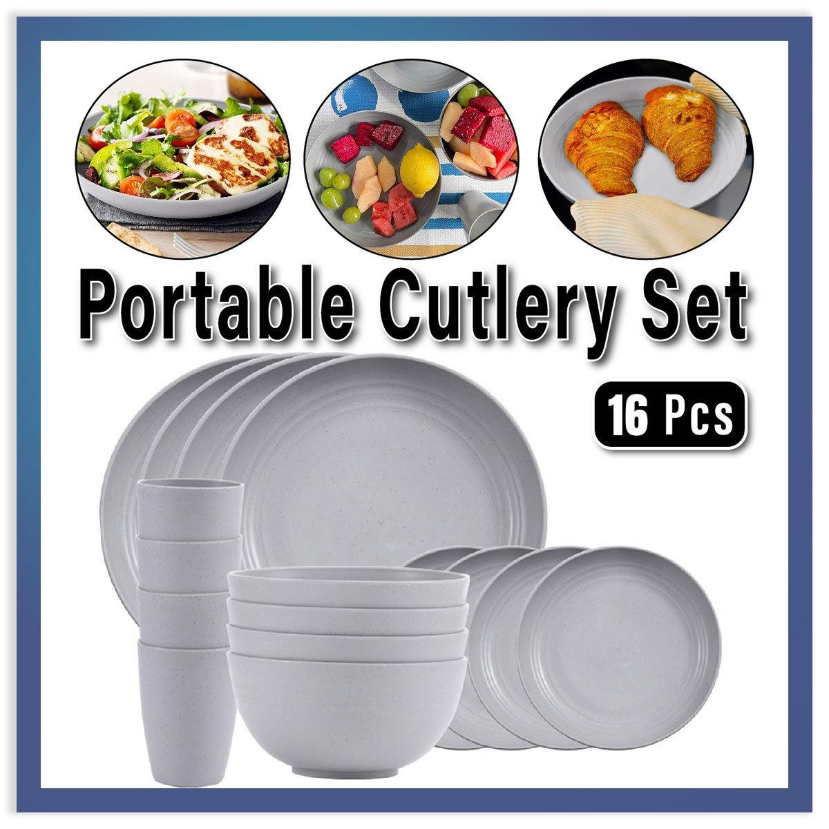 16pcs Wheat Straw Plates Bowls Cups Set Outdoor Tableware Set