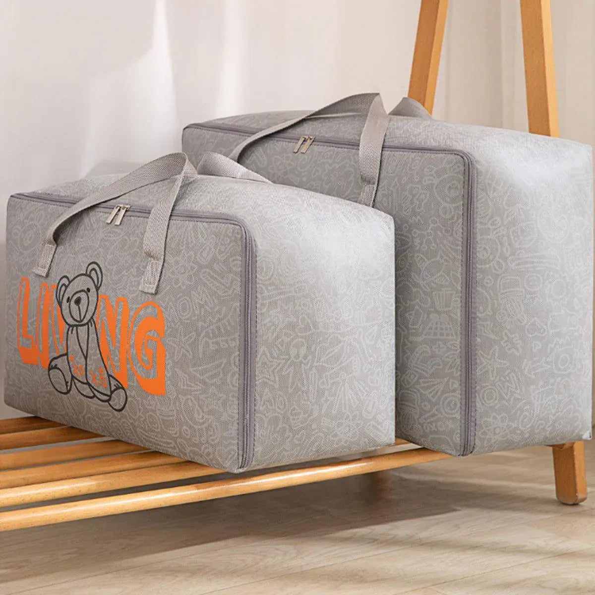2pcs Cartoon Bear Luggage Organizer Storage Bags Blanket Quilt Closet Box Set - White-M