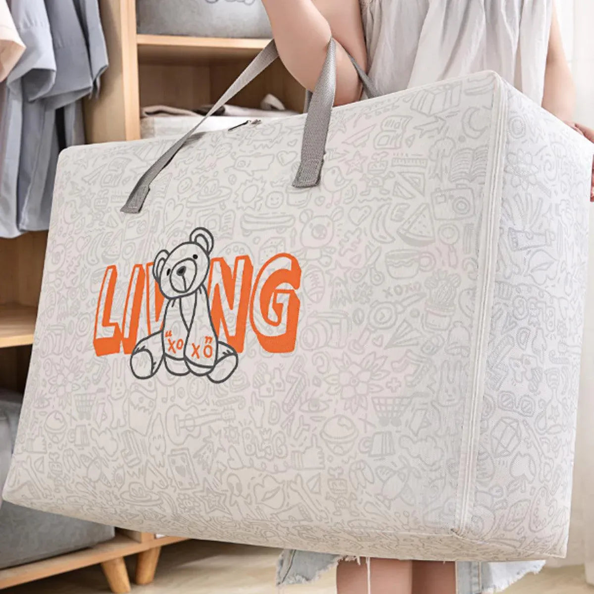 2pcs Cartoon Bear Luggage Organizer Storage Bags Blanket Quilt Closet Box Set - White-M