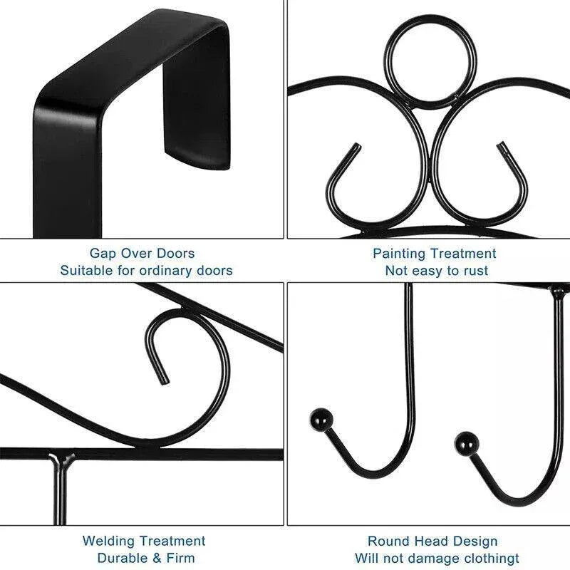 7-Hooks For Bedroom Over The Door Hanger Clothes Storage Towel Iron Hanging Rack - Black