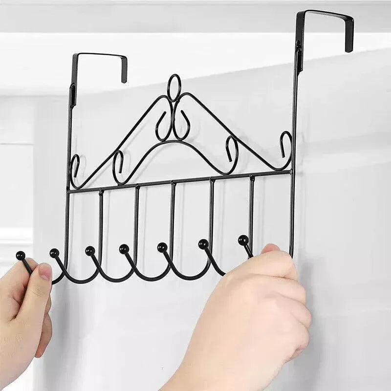 7-Hooks For Bedroom Over The Door Hanger Clothes Storage Towel Iron Hanging Rack - Black