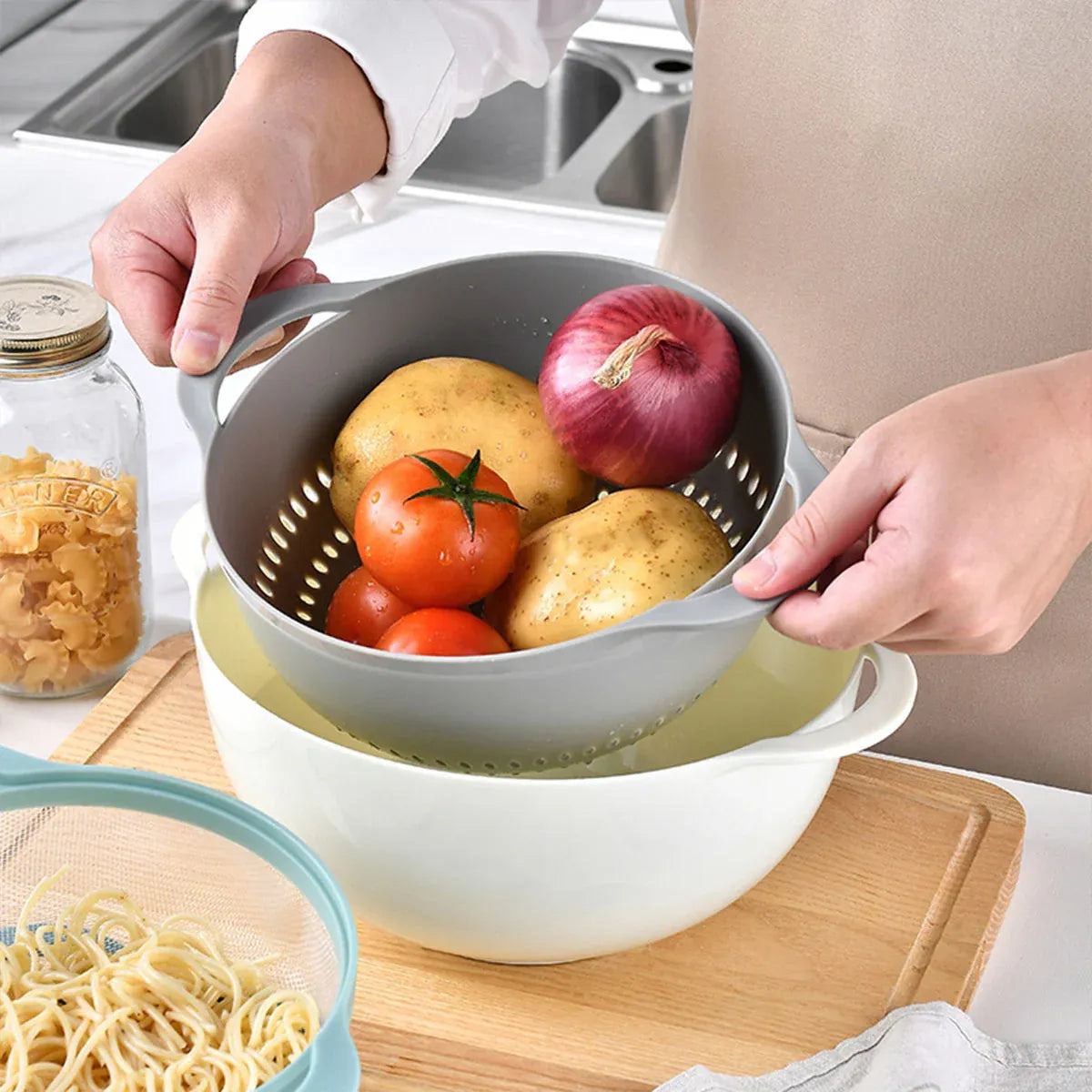 8pcs Plastic Basin Set Drain Basket Washing Mixing Bowl Set Kitchen Baking Tools