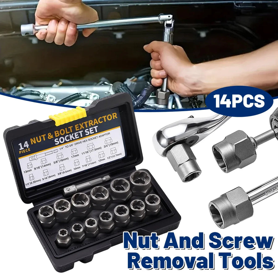 14PCS Nut Extractor Damaged Bolt Remover Tool Set High Hardness Anti-Slip