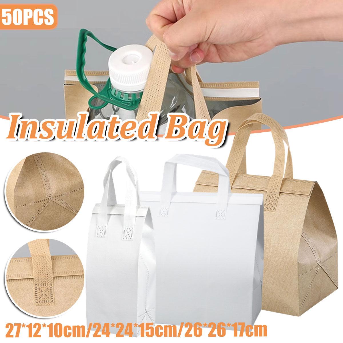 50pcs Thermal Insulation Packing Bag Non Woven Milk Tea Cake Food Storage Bag - Kraft-26x26x17cm