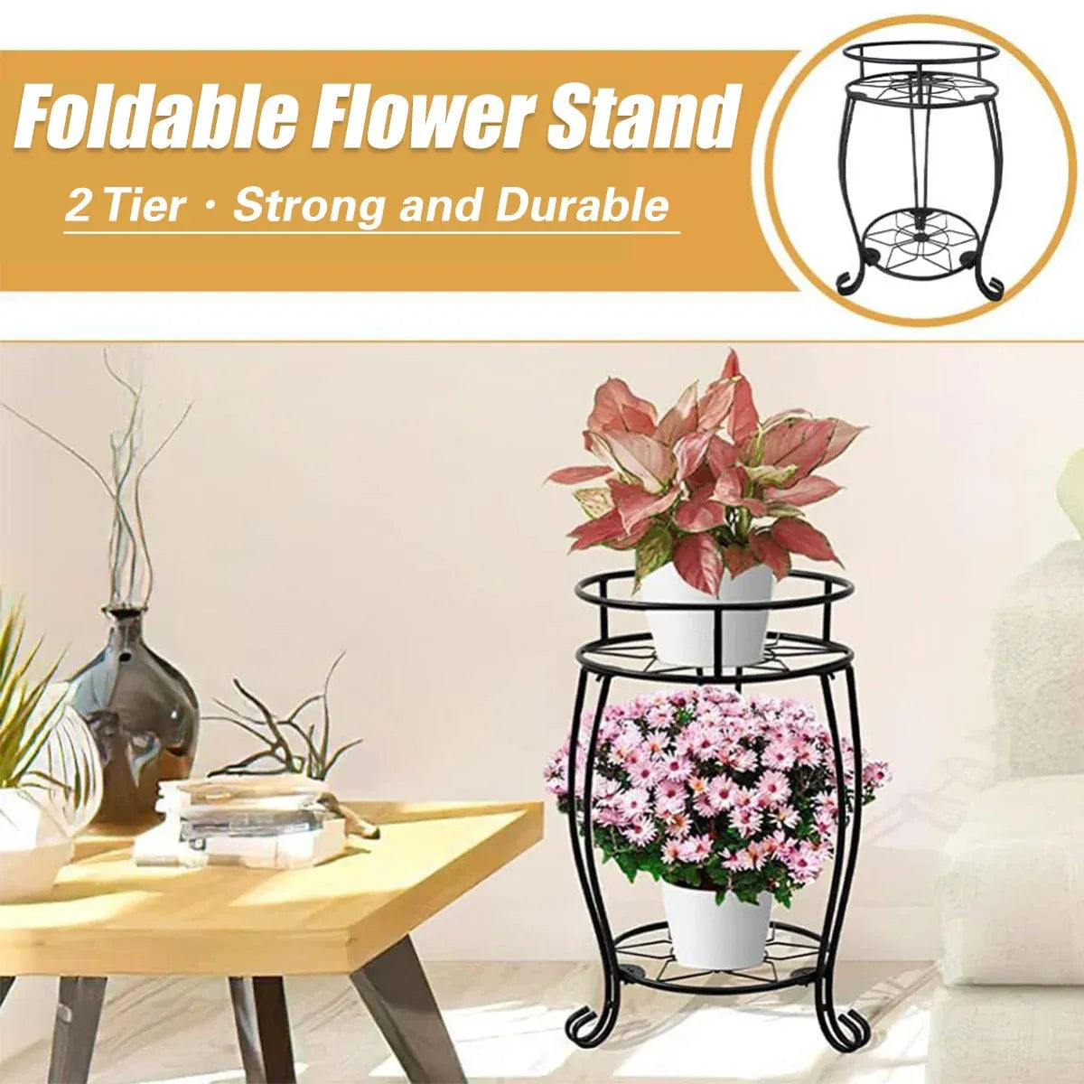 Foldable Plant Stand 2 Tier Metal Flower Shelf for Indoor Outdoor