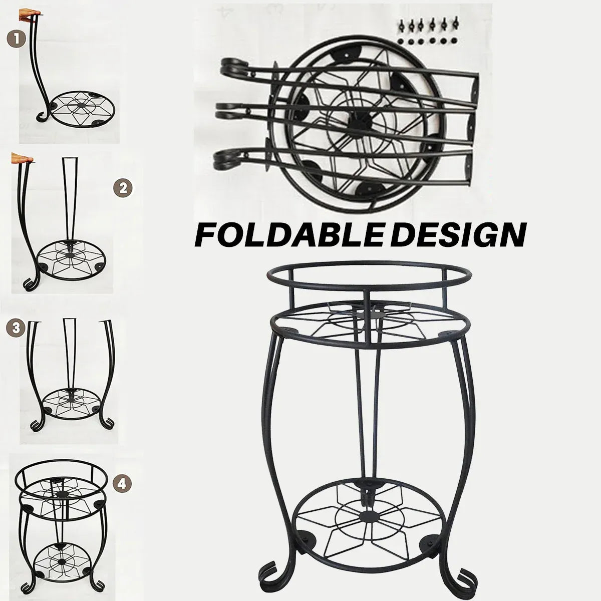 Foldable Plant Stand 2 Tier Metal Flower Shelf for Indoor Outdoor