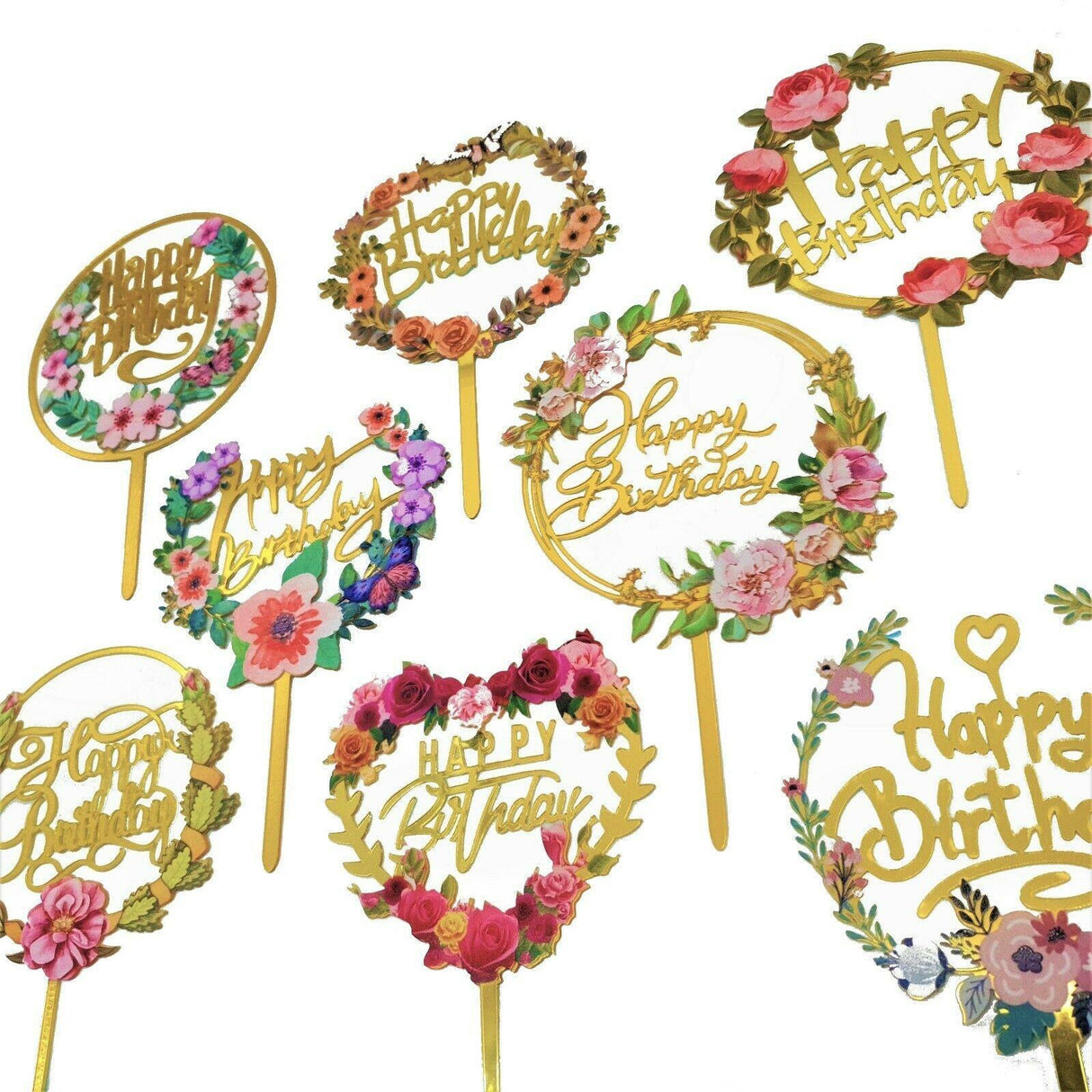 Happy Birthday Anniversary Wedding Cake Flowers Topper Acrylic Party Decorations - NO.03