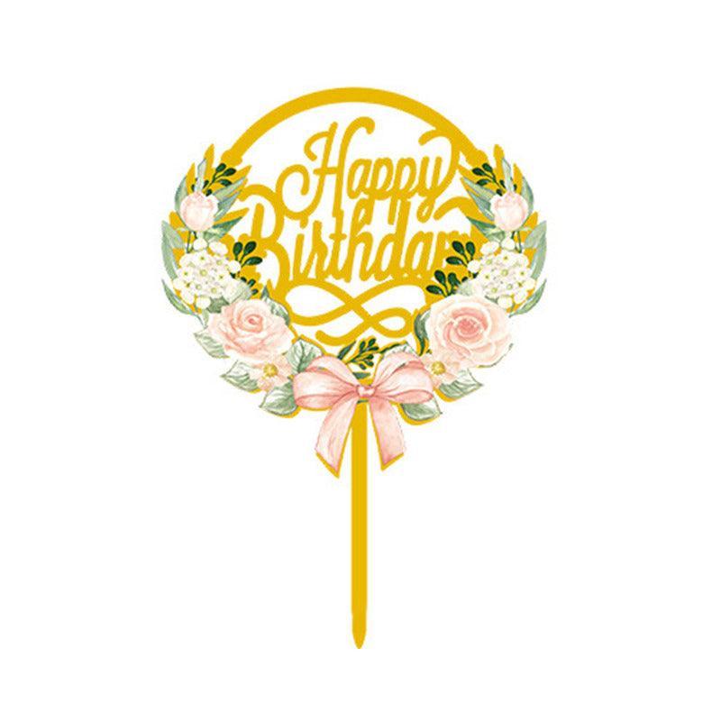 Happy Birthday Anniversary Wedding Cake Flowers Topper Acrylic Party Decorations - NO.03