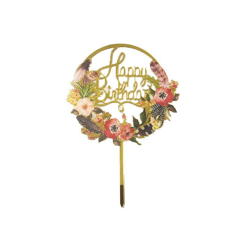 Happy Birthday Anniversary Wedding Cake Flowers Topper Acrylic Party Decorations - NO.03