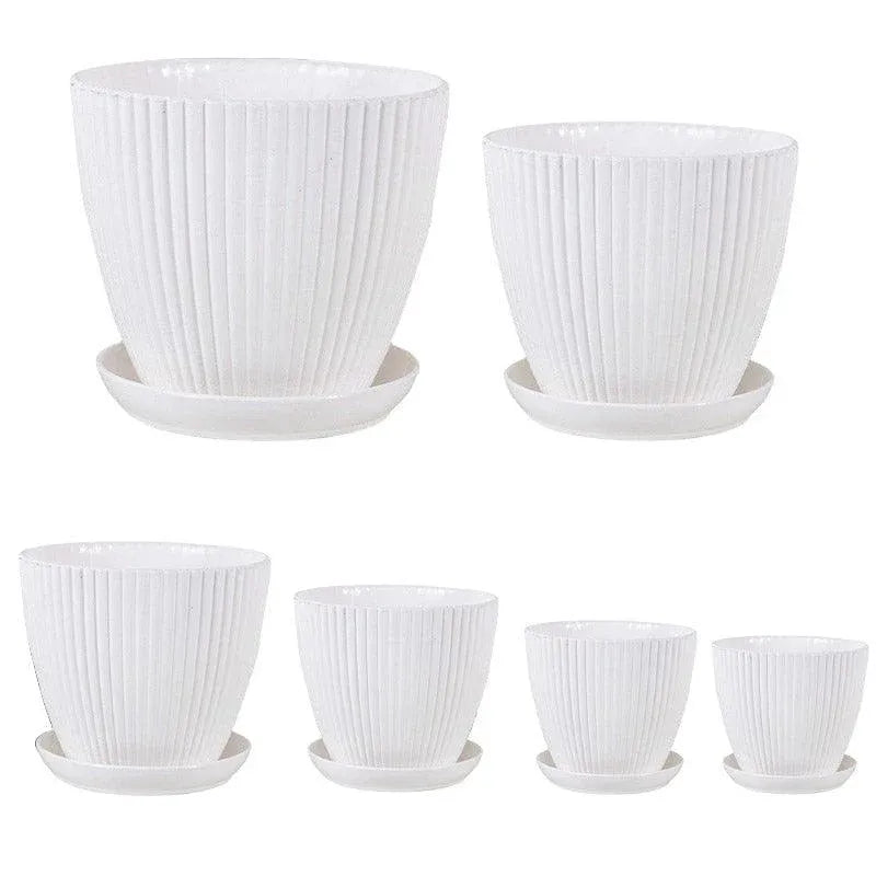 6PCS Simple Plastic Round Plant Pots Vertical Stripes Flower Pot Green Gardening - White