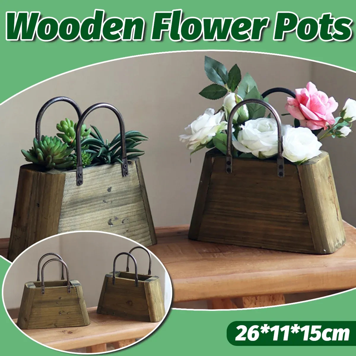 26cm Handbag Shape Flower Pot with Metal Handles Natural Wood