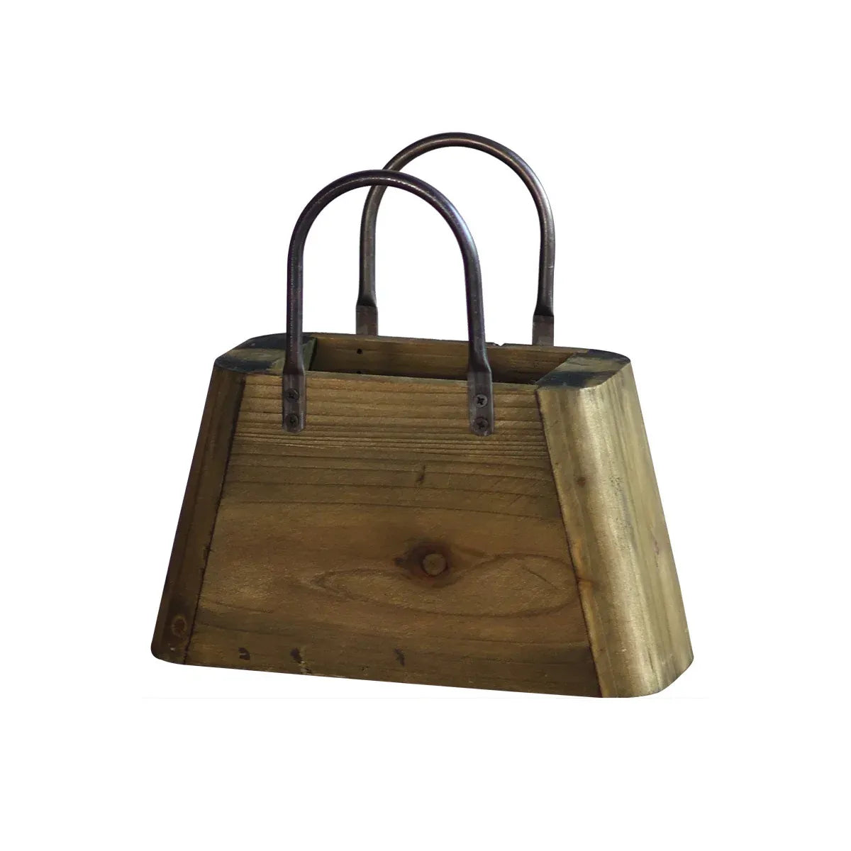 26cm Handbag Shape Flower Pot with Metal Handles Natural Wood