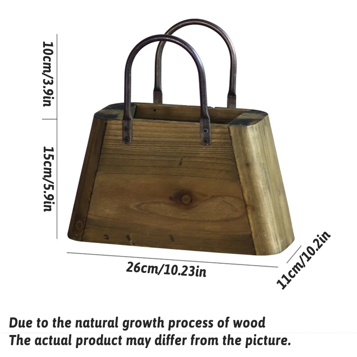 26cm Handbag Shape Flower Pot with Metal Handles Natural Wood