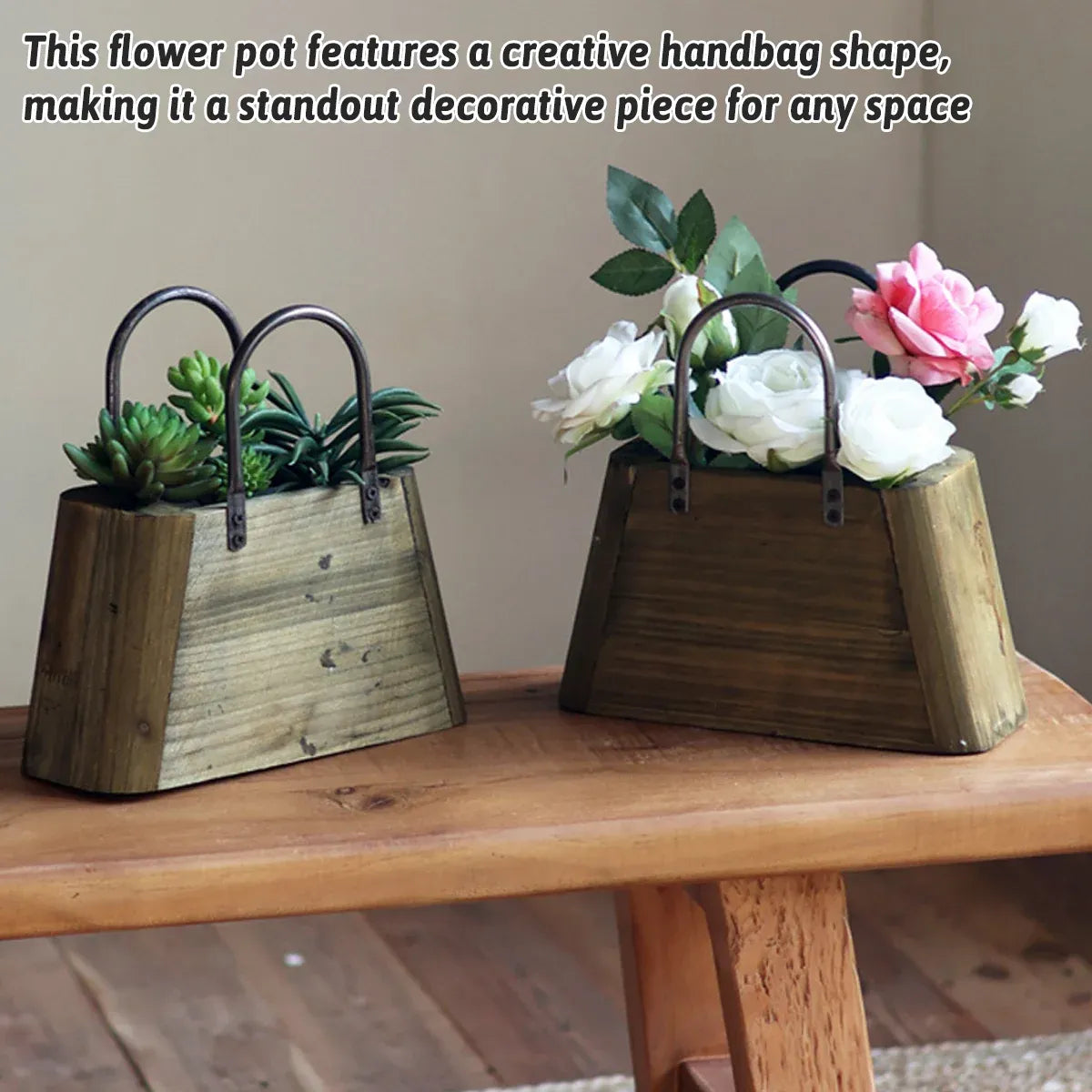 26cm Handbag Shape Flower Pot with Metal Handles Natural Wood
