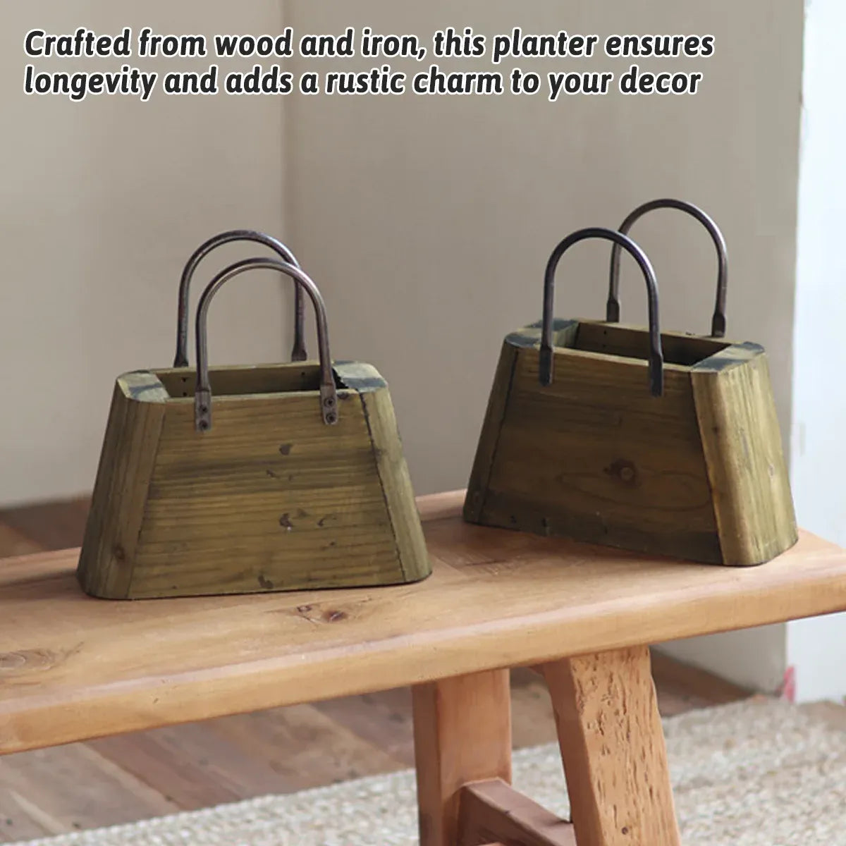 26cm Handbag Shape Flower Pot with Metal Handles Natural Wood
