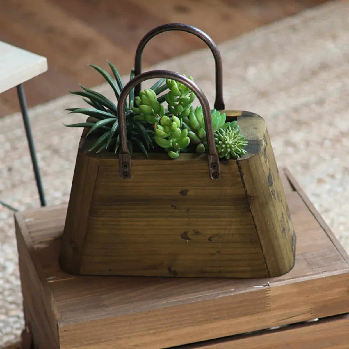 26cm Handbag Shape Flower Pot with Metal Handles Natural Wood