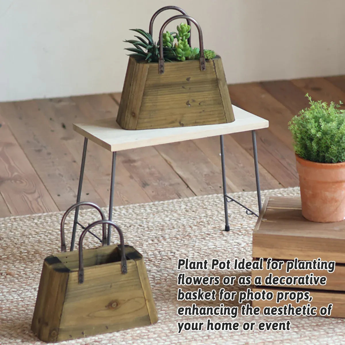26cm Handbag Shape Flower Pot with Metal Handles Natural Wood