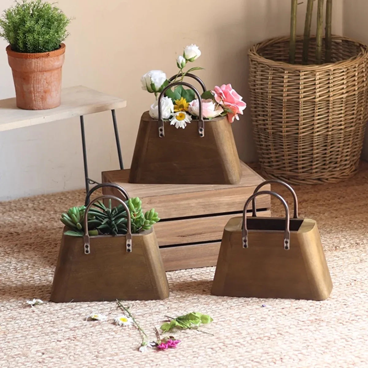 26cm Handbag Shape Flower Pot with Metal Handles Natural Wood