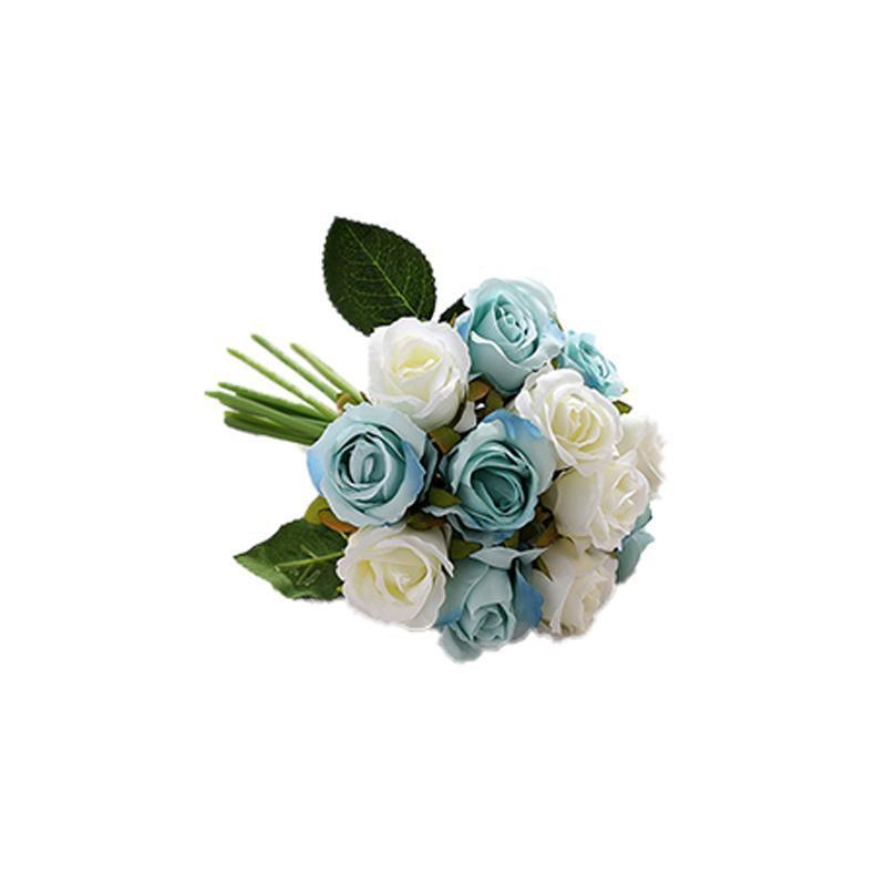 12 Heads Silk Rose Artificial Flowers Fake Bouquet - White+blue