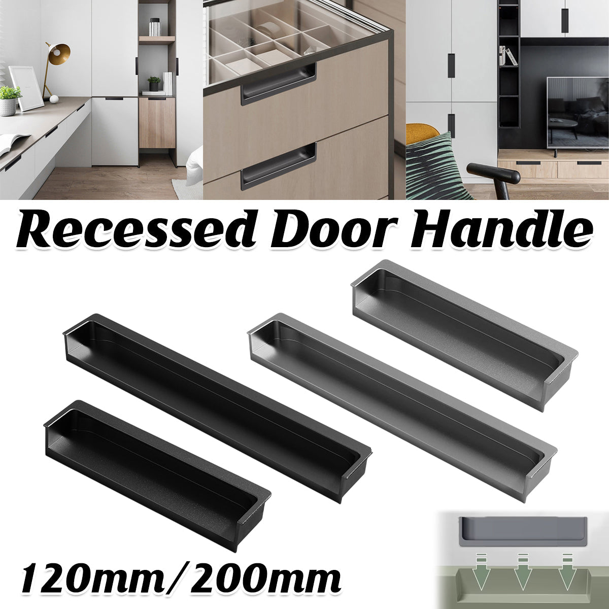 Hidden Recessed Cabinet Handle 120mm 200mm Slotted Drawer Door Pull Furniture - Grey-120mm