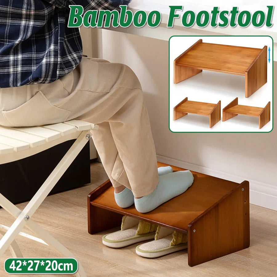 Home Office Bamboo Under Desk Footrest Adjustable Height Wooden Foot Rest Stool