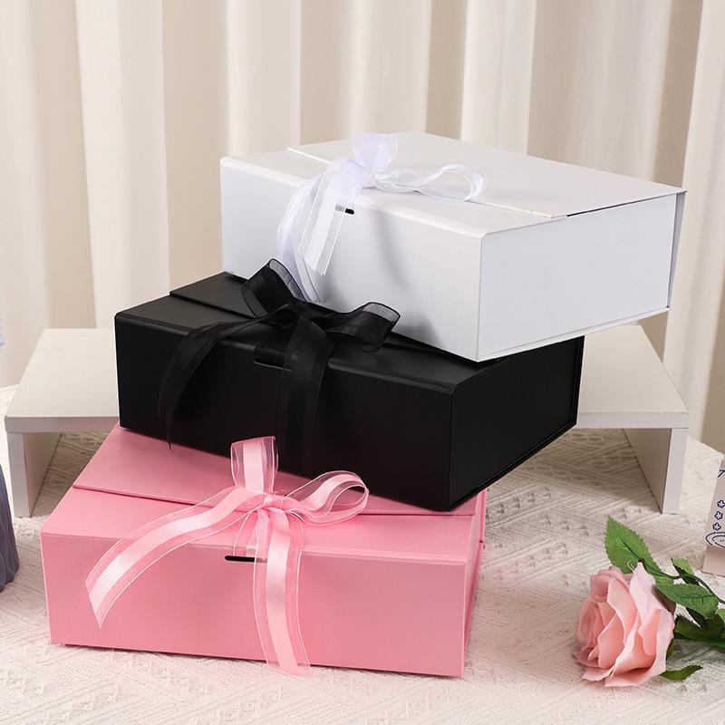 Elegant Ribbon Flip Folding Gift Boxes Multiple Colors High-Quality Cardboard - Orange