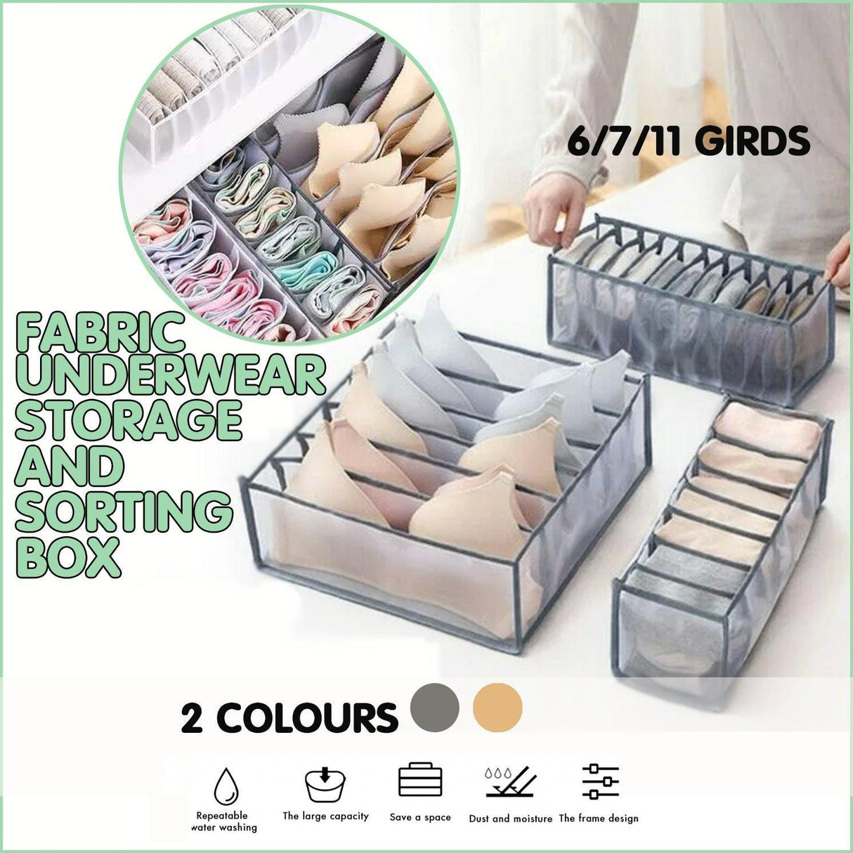 Foldable Drawer Organizer Divider Bra Sock Underwear Storage Closet Wardrobe - Grey with 7 Boxes