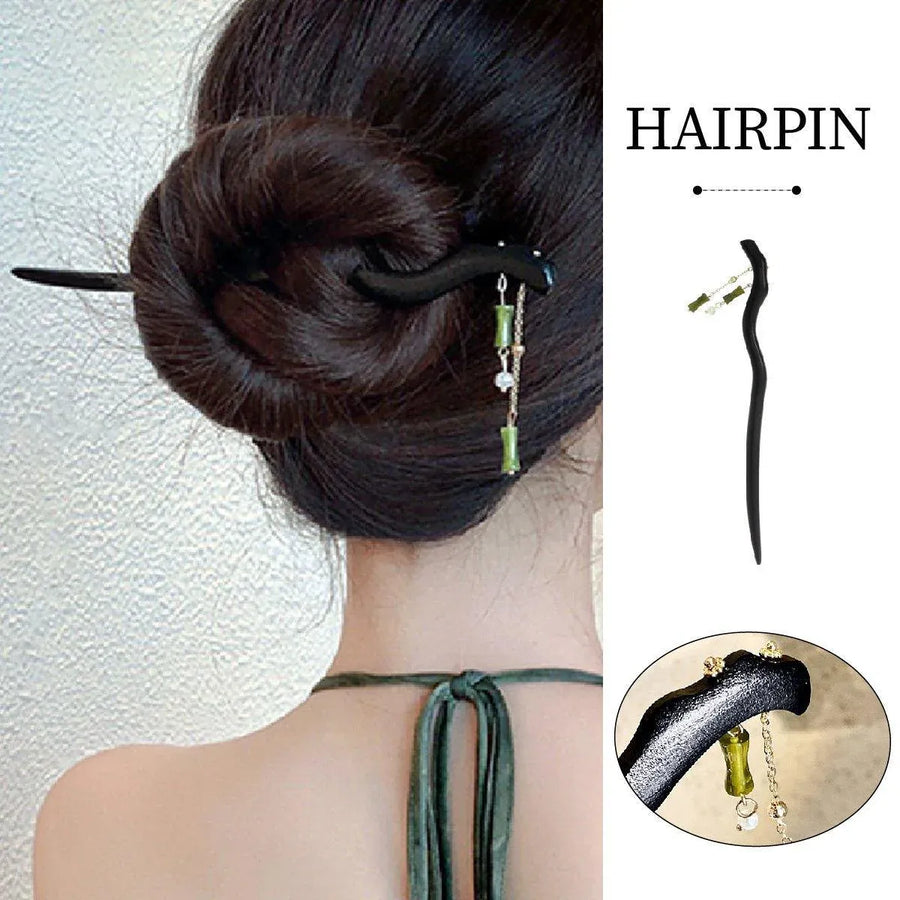 Chinese Style Double Green Bamboo Fringe Hairpin Hanfu Headdress Women