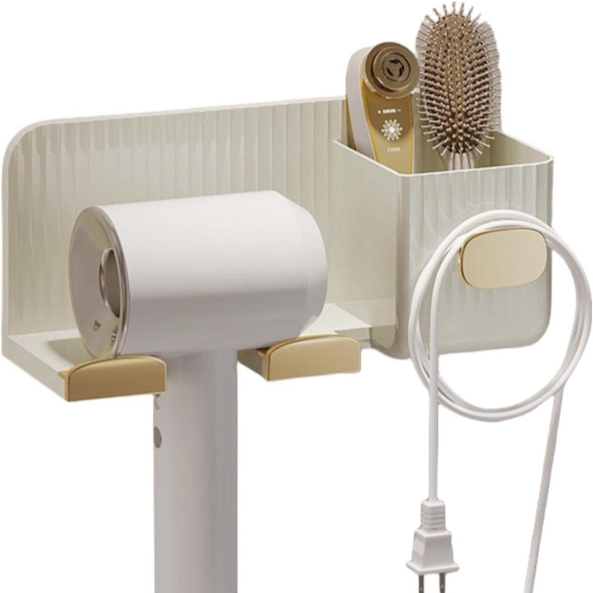 Hair Dryer Holder Rack Plastic Wall Mount No Drill Bathroom Organizer Storage - Silver