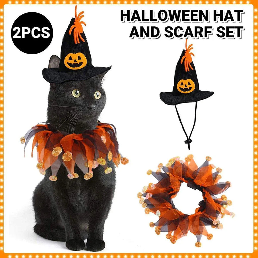 Halloween Cat Costume Skull Pattern Hat and Scarf Set Pet Cape Accessories