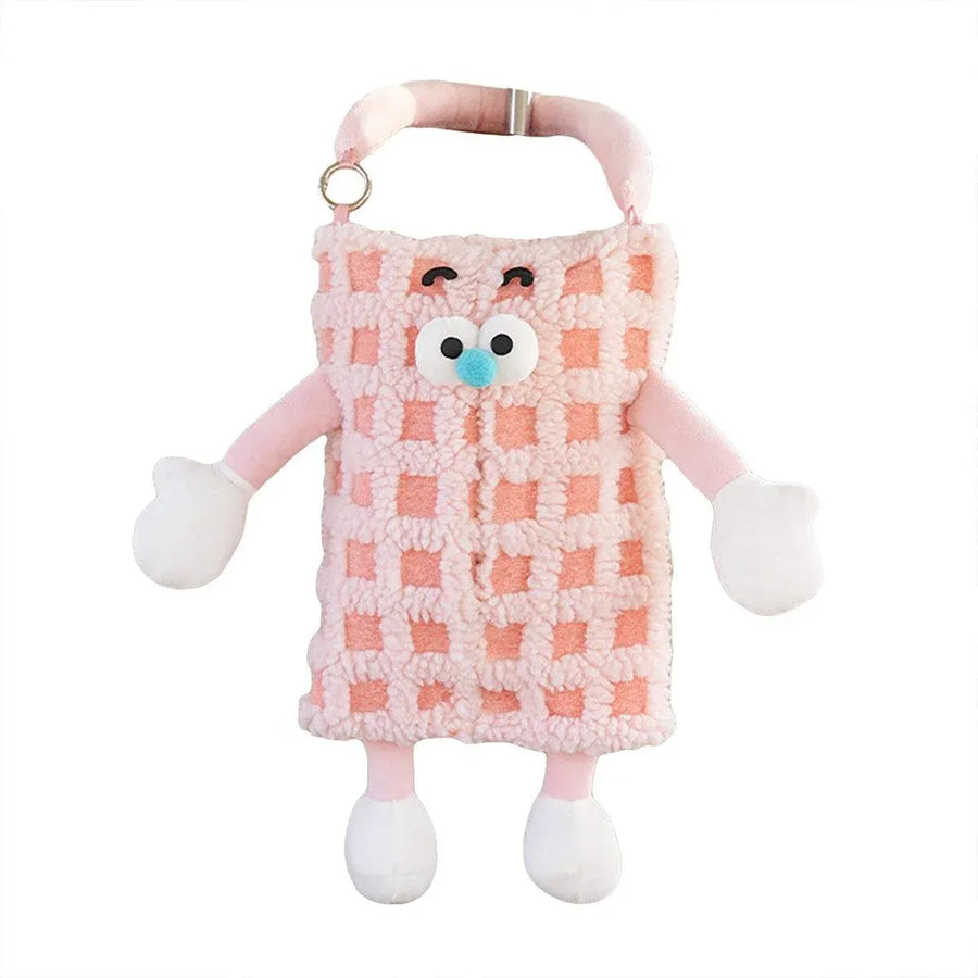 Plush Car Tissue Box Striped Plaid Seatback Hanging Tissue Holder Drawer Design - Pink