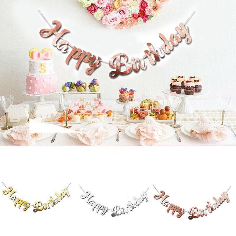 Happy Birthday Party Banner Decorations in Rose Gold Silver or Gold Bunting Garland - Rose Gold