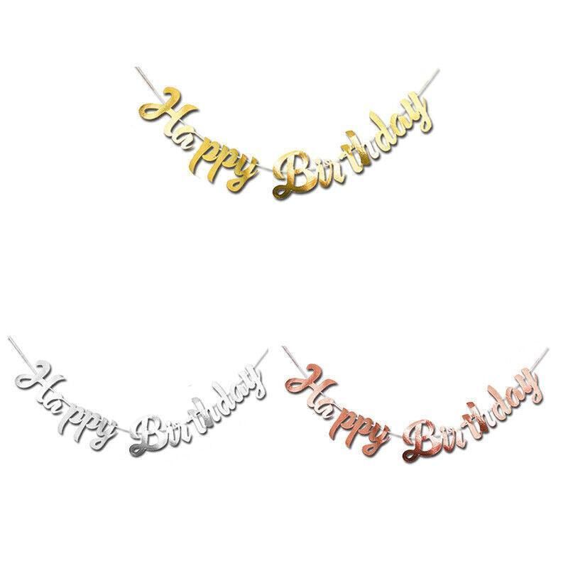 Happy Birthday Party Banner Decorations in Rose Gold Silver or Gold Bunting Garland - Rose Gold