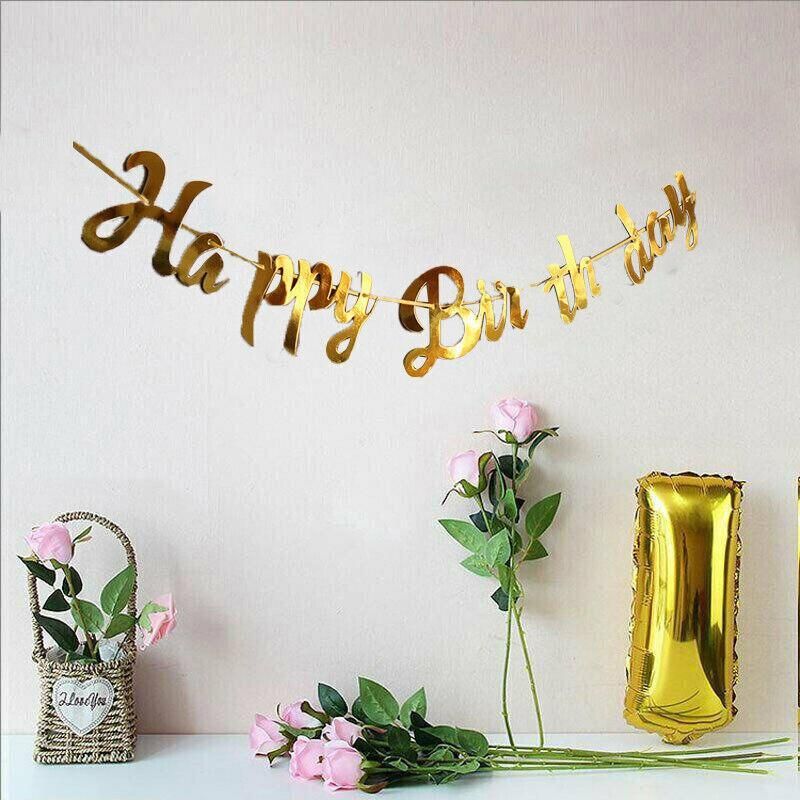 Happy Birthday Party Banner Decorations in Rose Gold Silver or Gold Bunting Garland - Rose Gold